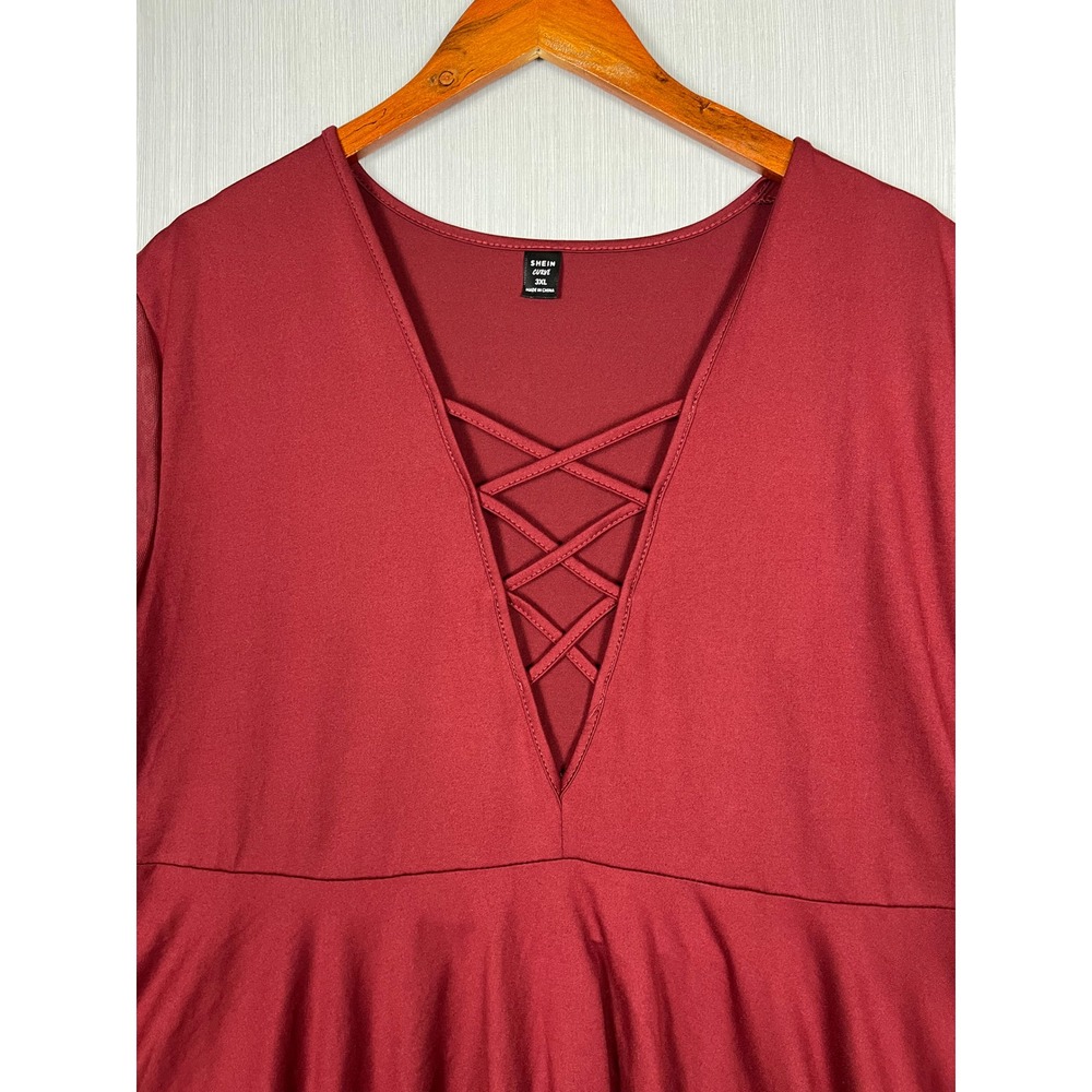 Peplum Top Women 3XL Burgundy Mesh Sleeve Lattice V-Neck Babydoll Goth Romantic - Picture 3 of 9